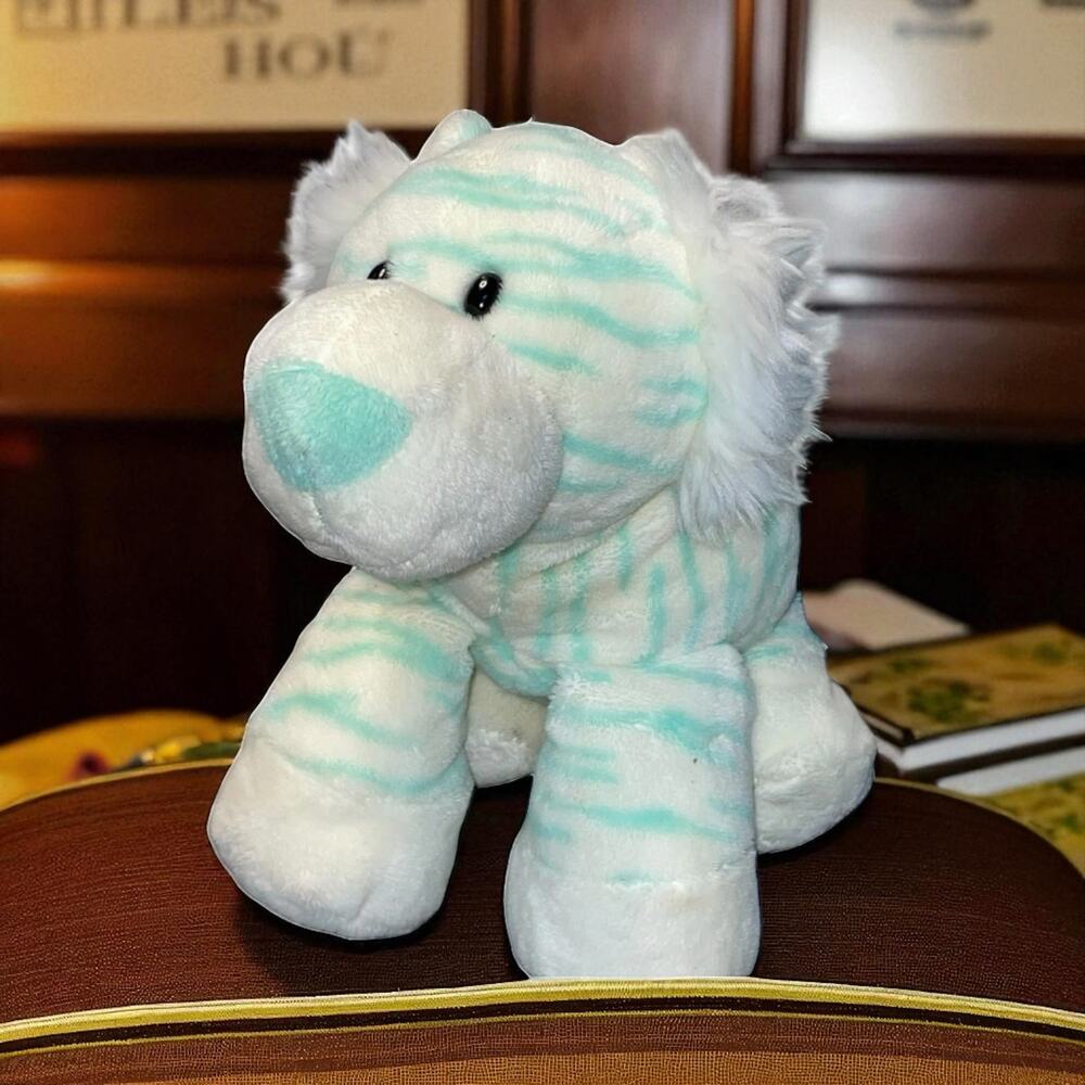 Aurora Baby Tiger Cub Plush Stuffed Animal White Blue Green Embroidered Eyes 14"
